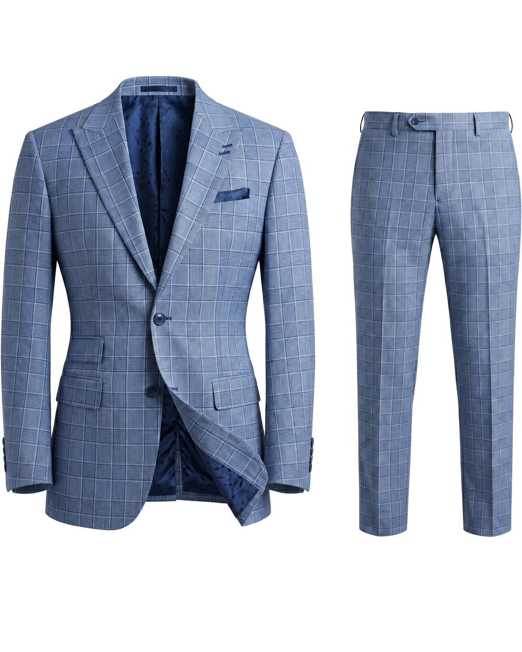 Full suit view of light blue Prince of Wales glen plaid with navy windowpane men's suit showing jacket and trousers