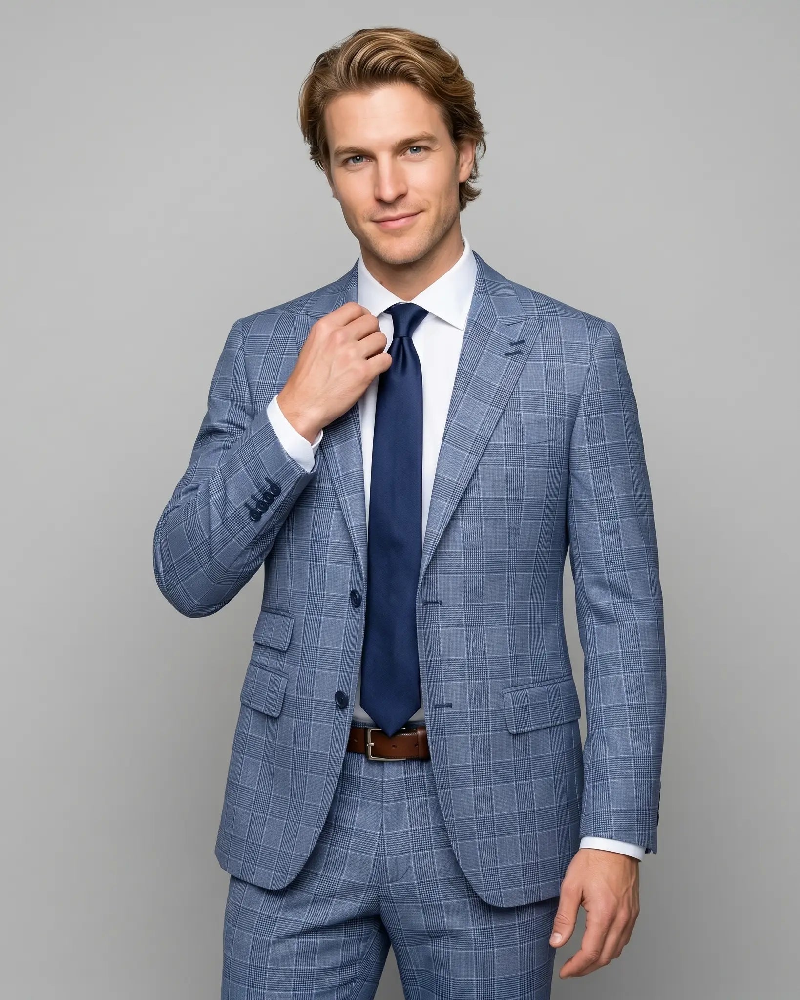 Side model view of light blue Prince of Wales glen plaid with navy windowpane men's suit showing three quarter tailored fit
