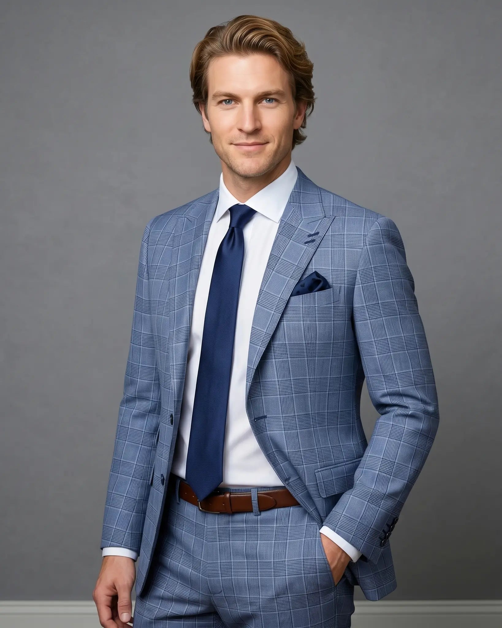 Mid thigh model view of light blue Prince of Wales glen plaid with navy windowpane men's suit showing peak lapel and natural lining glimpse