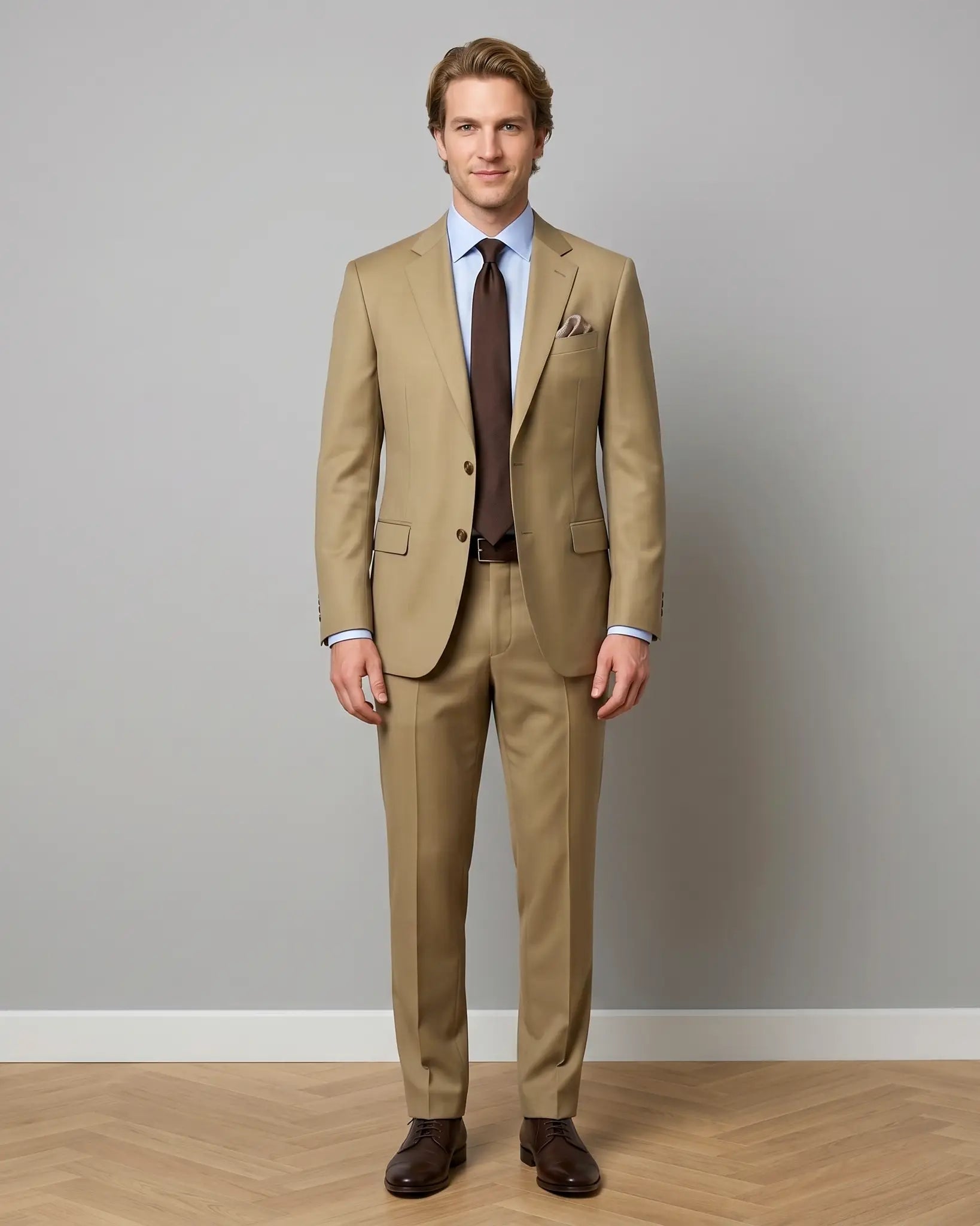 Front model view of brown plain men's suit showing full custom suit styling