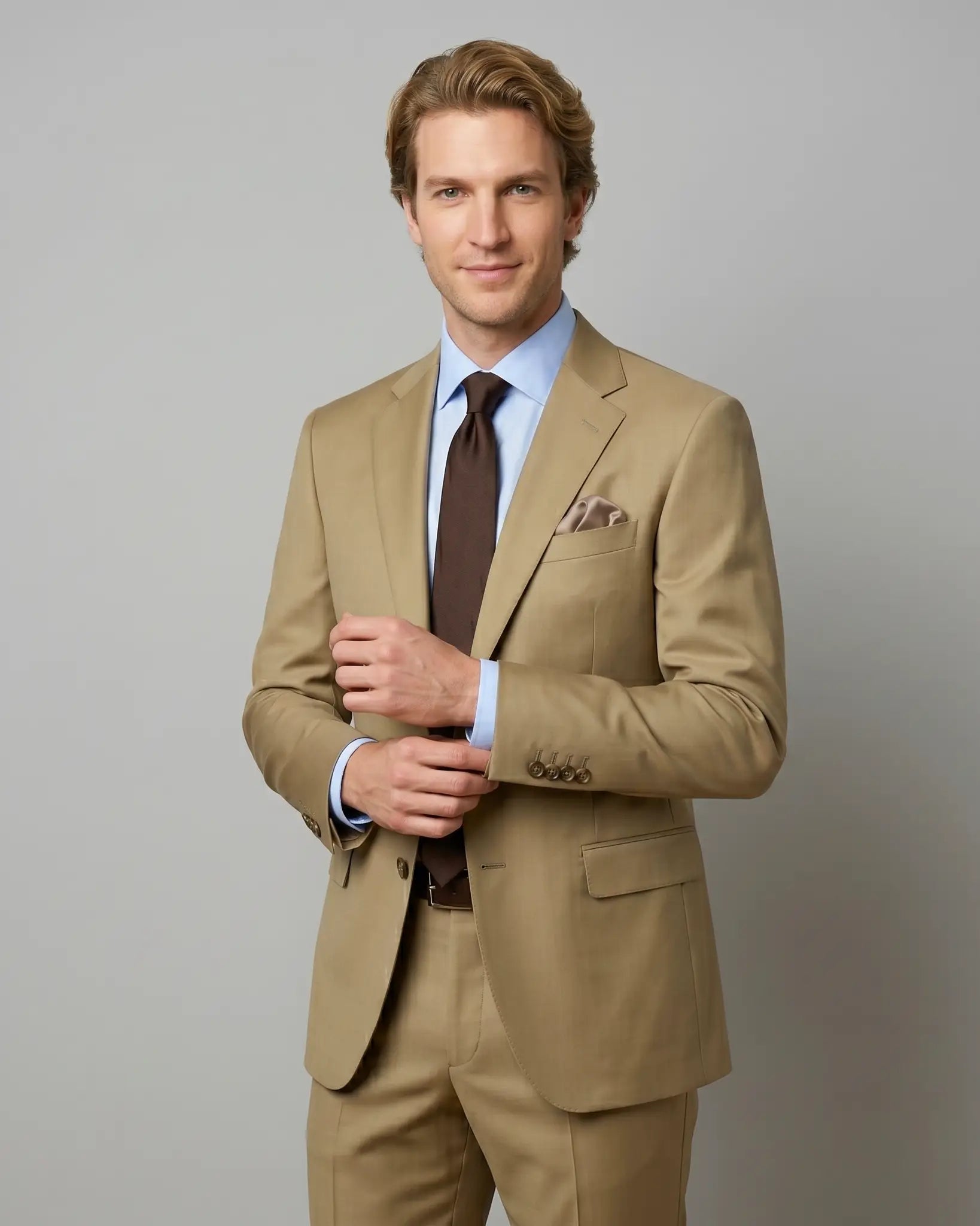 Side model view of brown plain men's suit showing three quarter studio styling