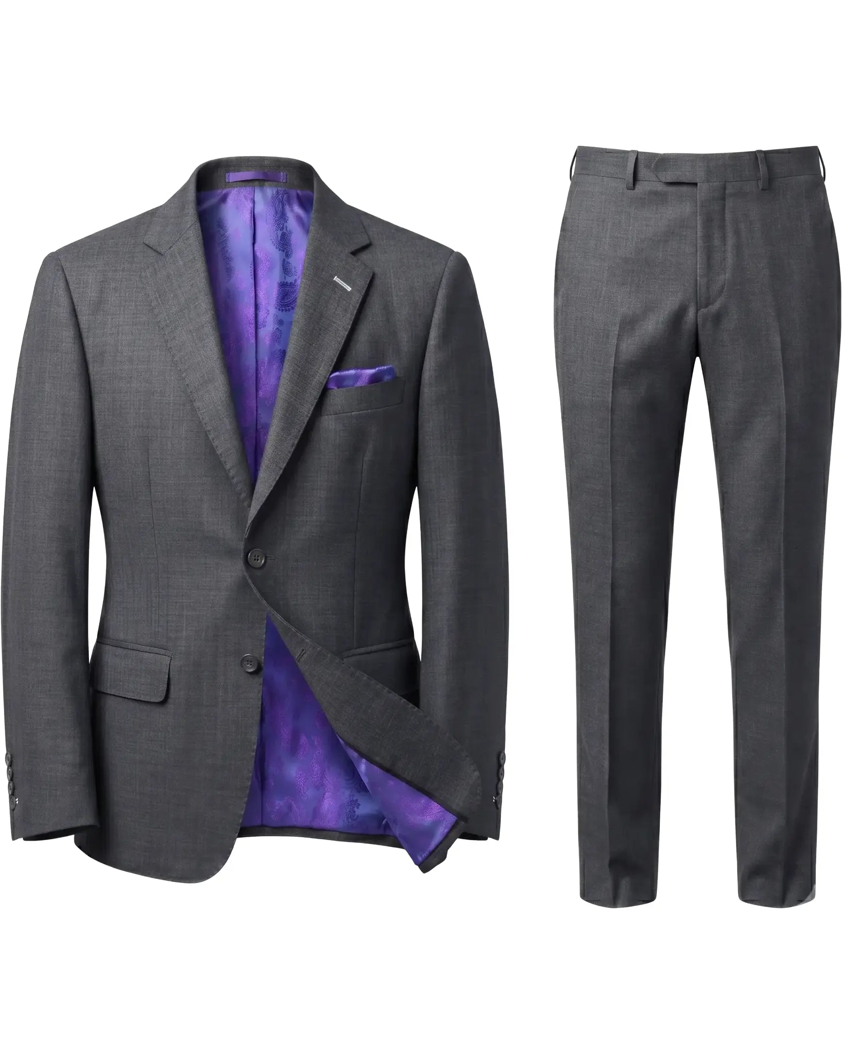 Full suit ghost mannequin view of medium grey sharkskin men's suit showing matching jacket and trousers