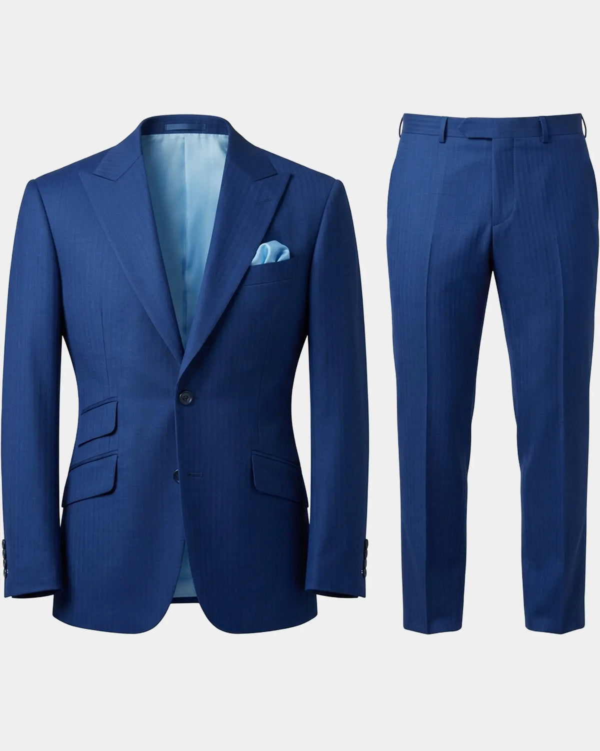 Full suit view of royal blue herringbone men's suit showing matching jacket and trousers
