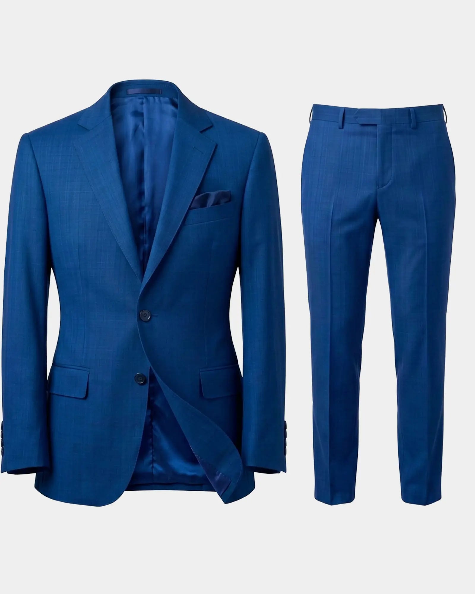 Full suit view of royal blue Prince of Wales glen check with rust overcheck men's suit showing matching jacket and trousers