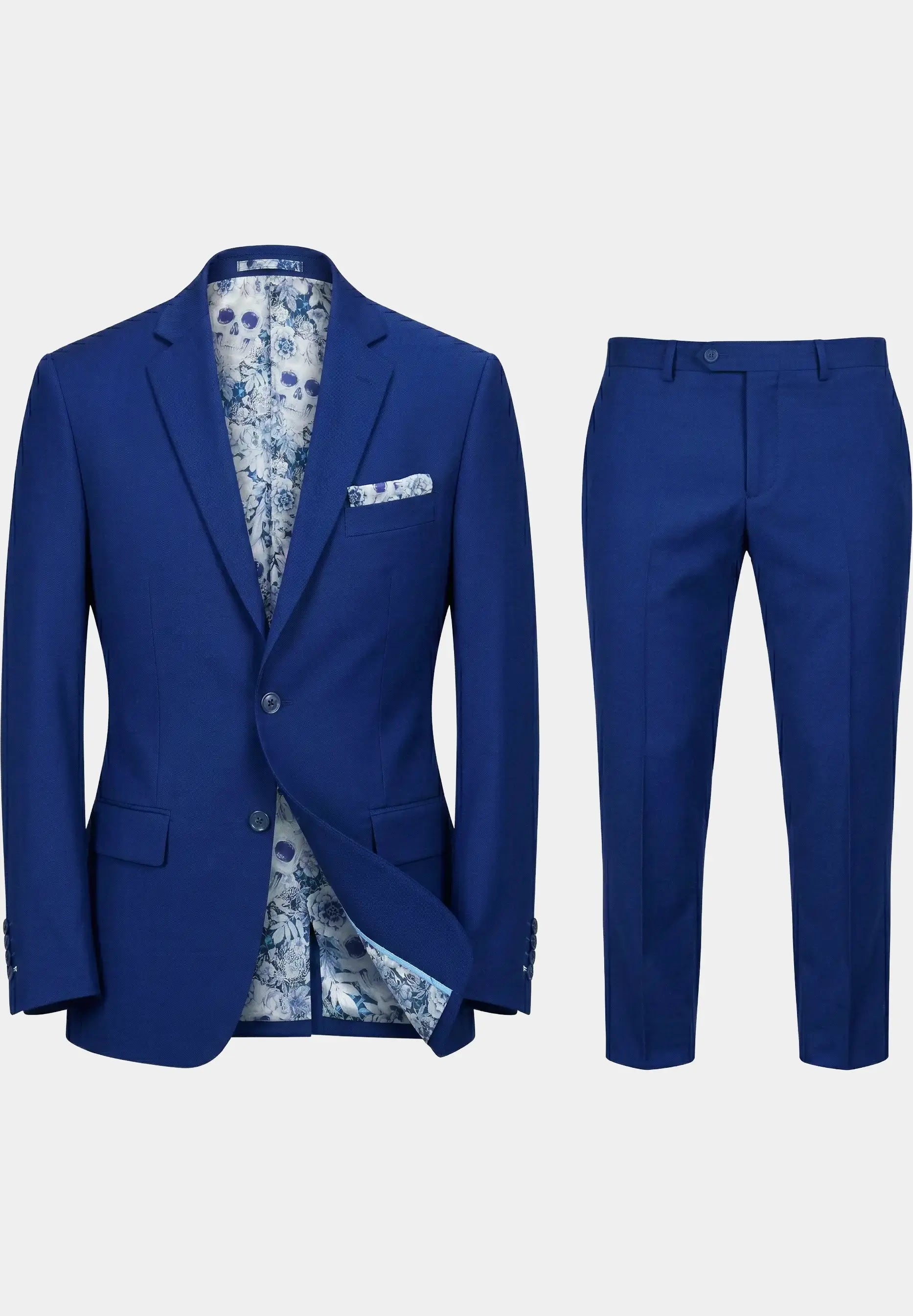 Full suit presentation of royal blue sharkskin men's suit showing matching jacket and trousers.