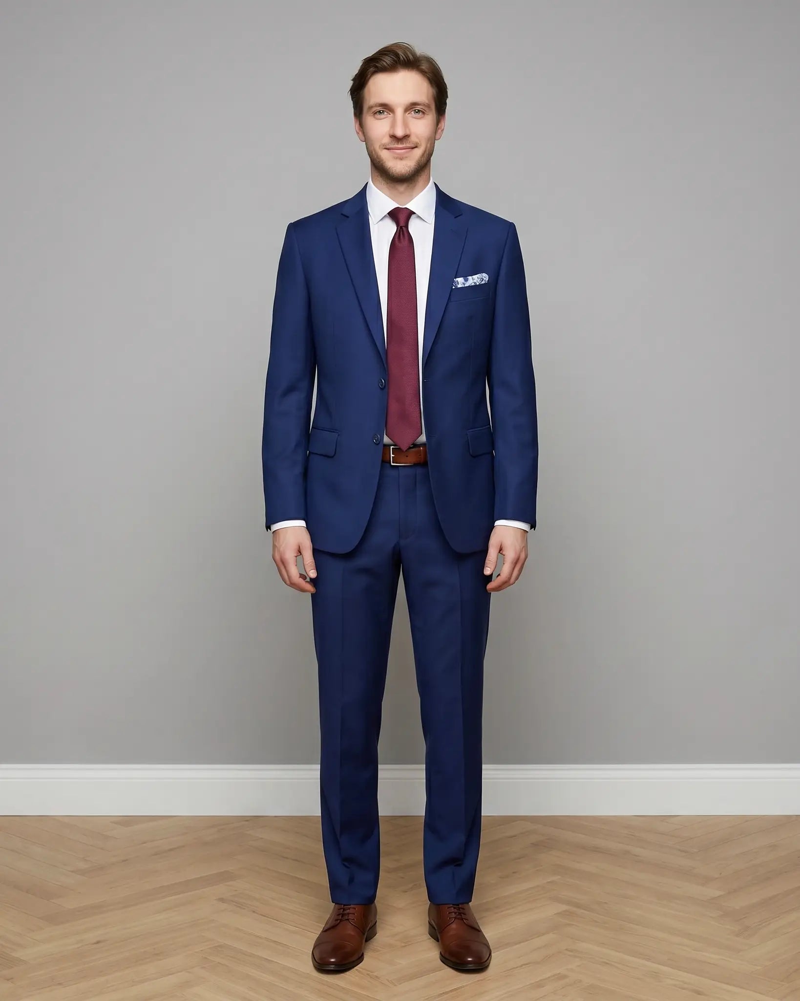 Full body front studio portrait of royal blue sharkskin men's suit showing tailored jacket, trousers, belt, burgundy silk tie, and brown leather shoes.