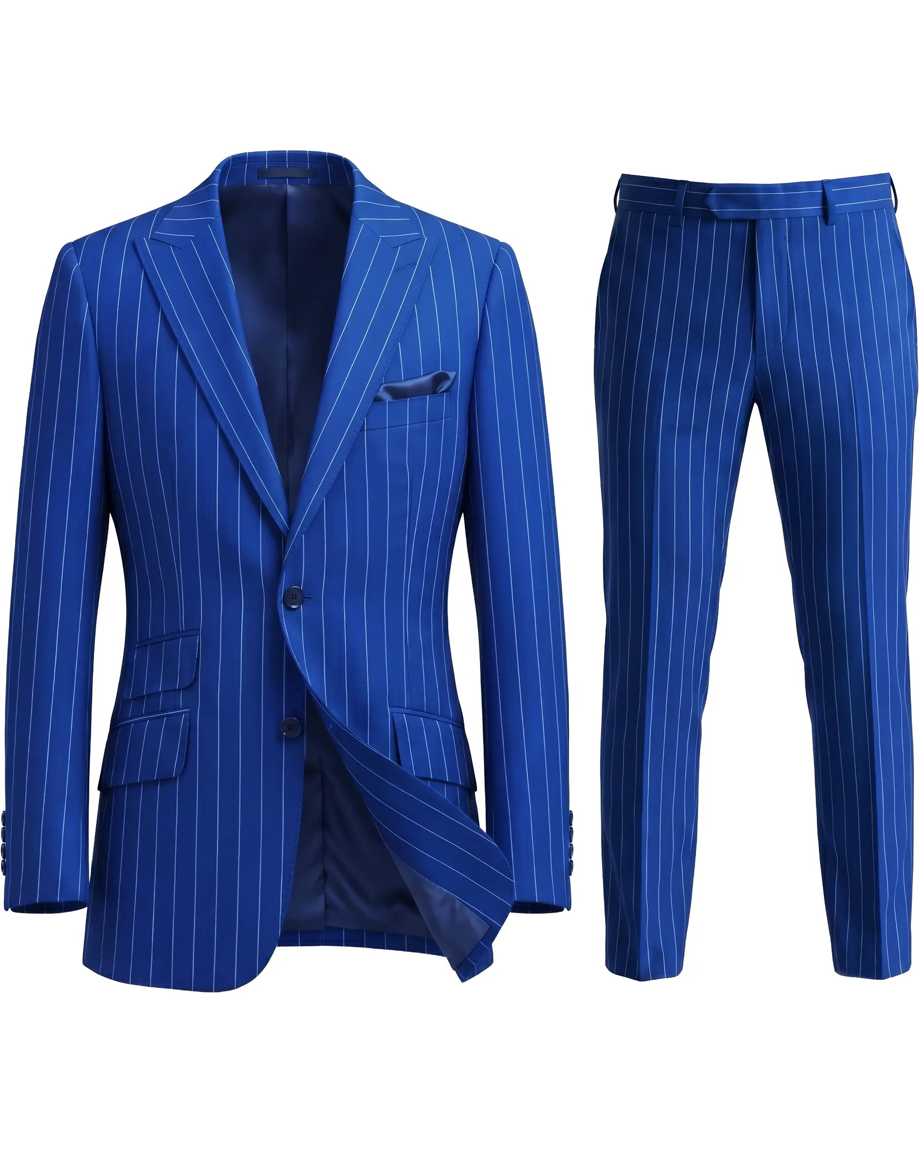Full suit image of royal blue white pinstripes men's suit showing jacket and trousers