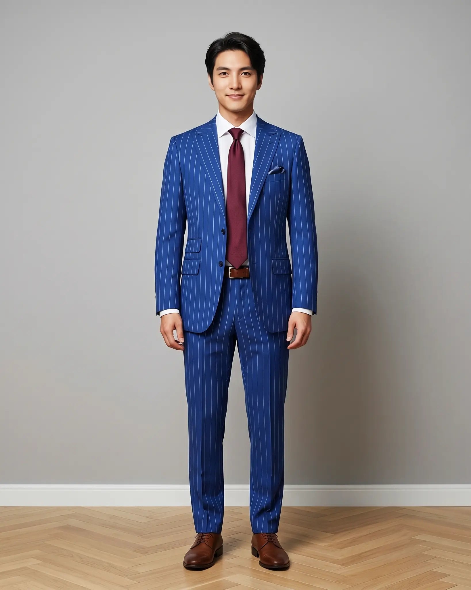 Front model view of royal blue white pinstripes men's suit showing full outfit