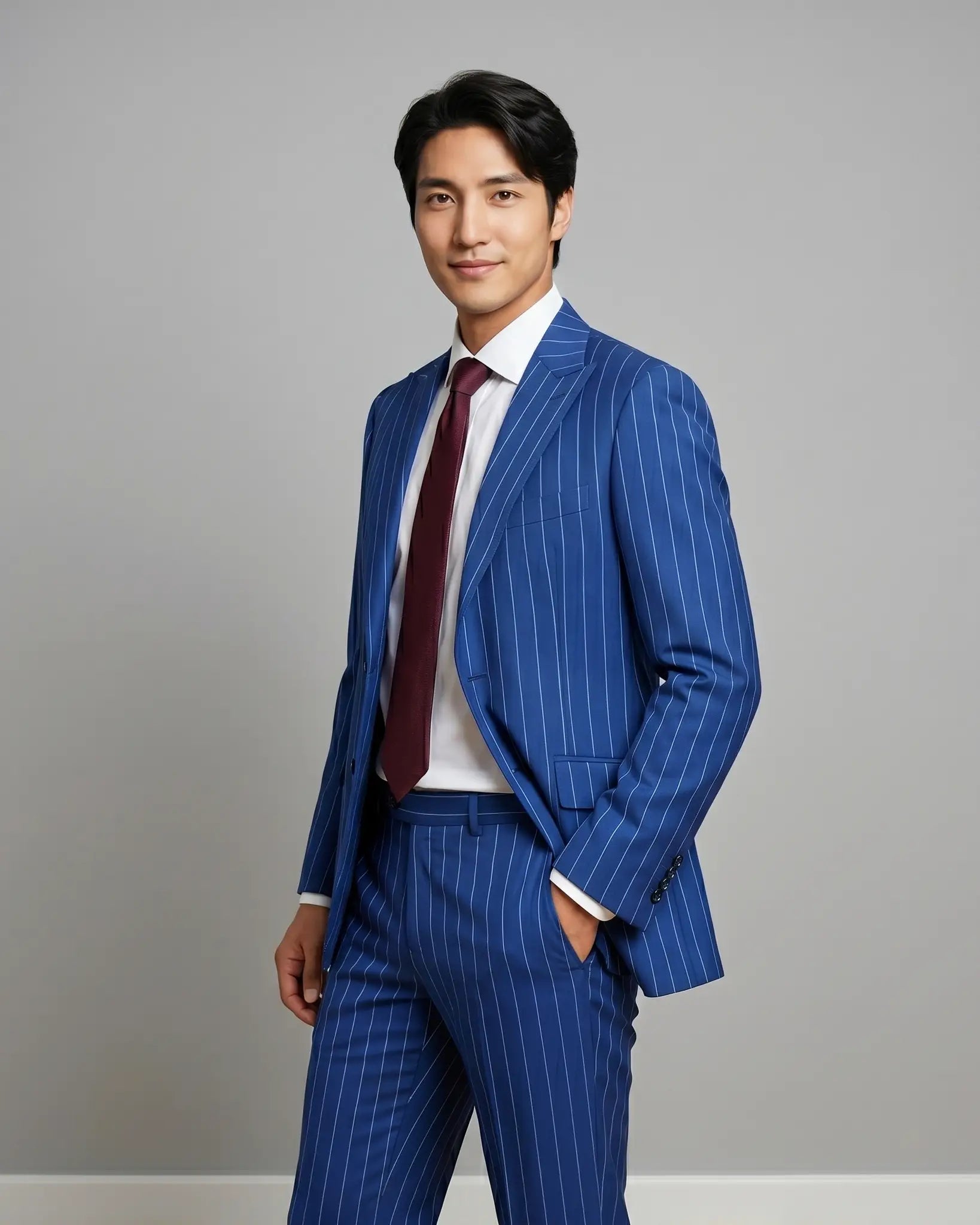 Side model view of royal blue white pinstripes men's suit showing tailored jacket shape