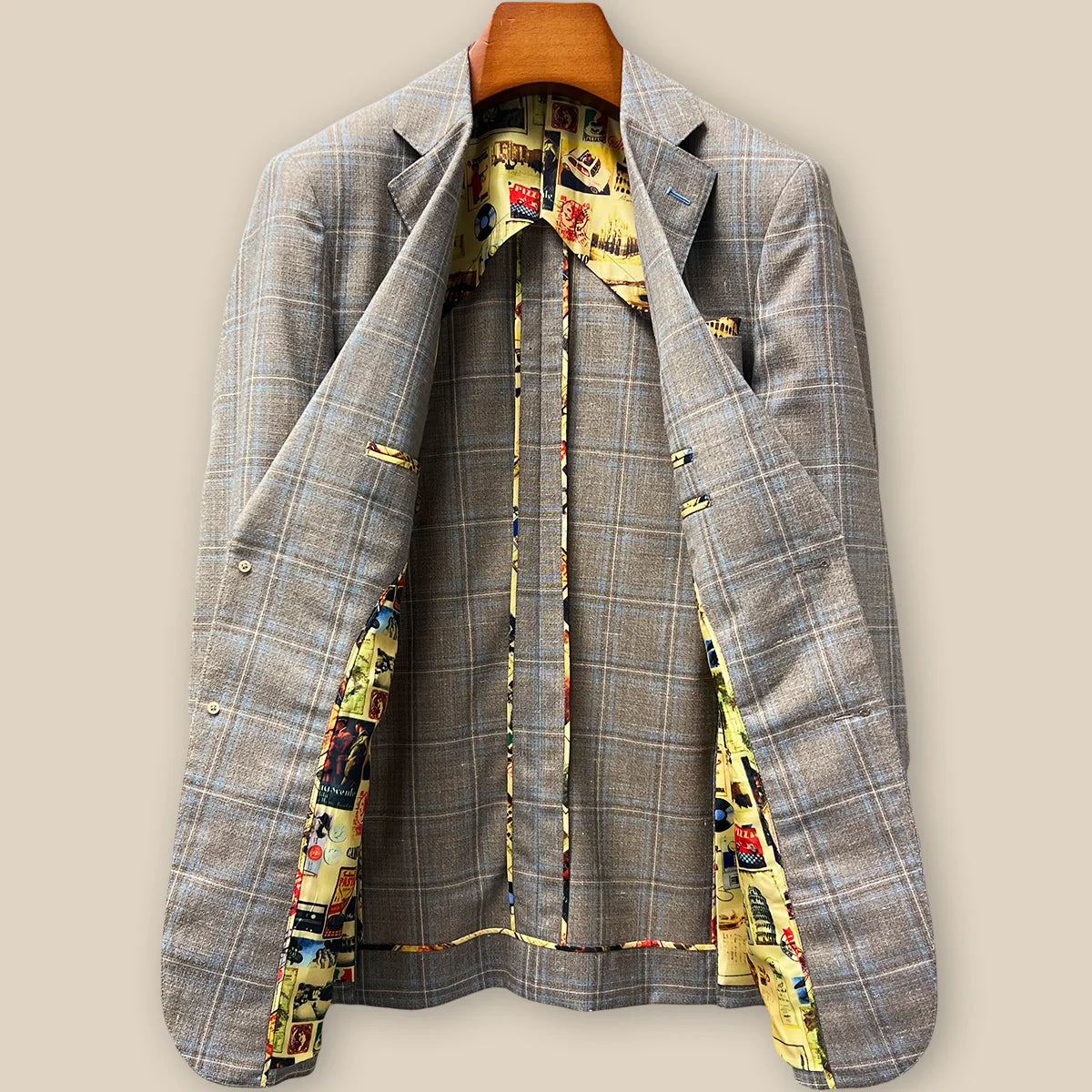 Full interior view of custom sport coat showcasing luxurious vibrant yellow multicolored mosaic lining with Westwood Hart branding