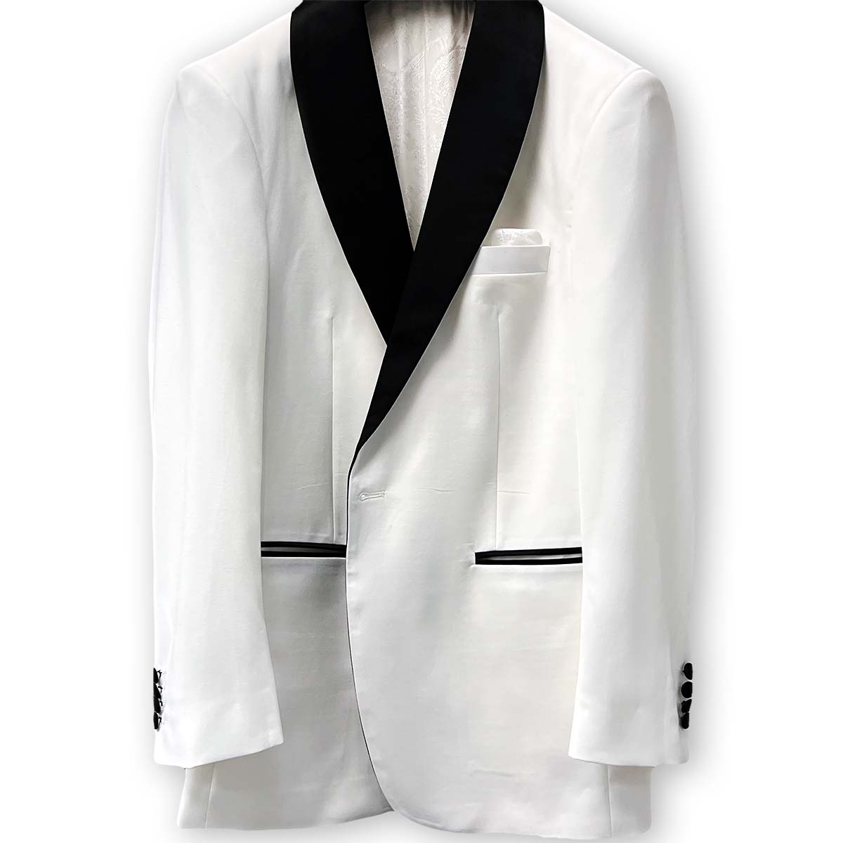 Westwood Hart white wool tuxedo crafted from 100% Australian Merino wool with black grosgrain contrast trimming.