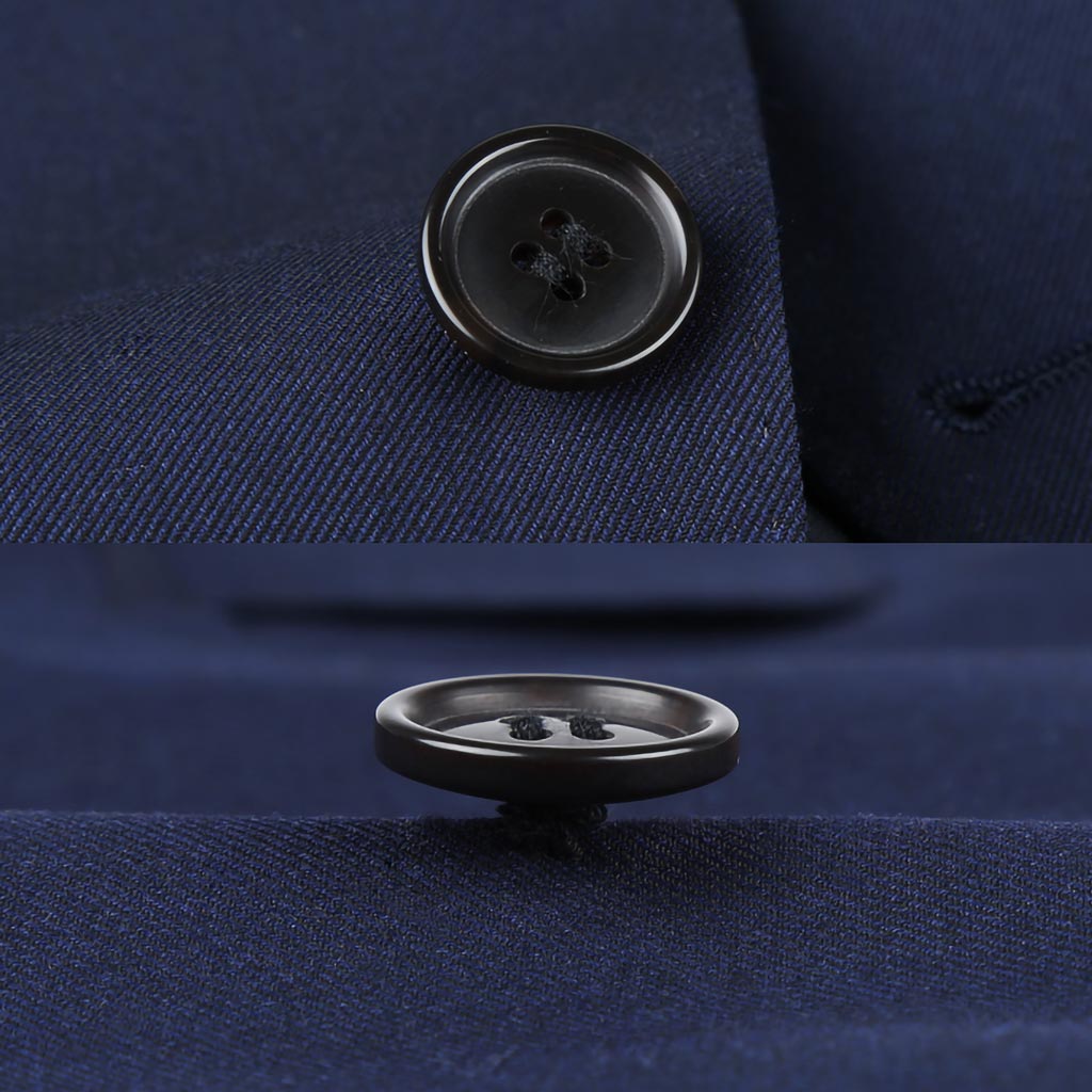 Men's custom tailored plain weave suit in navy, side view highlighting the precise fit for work