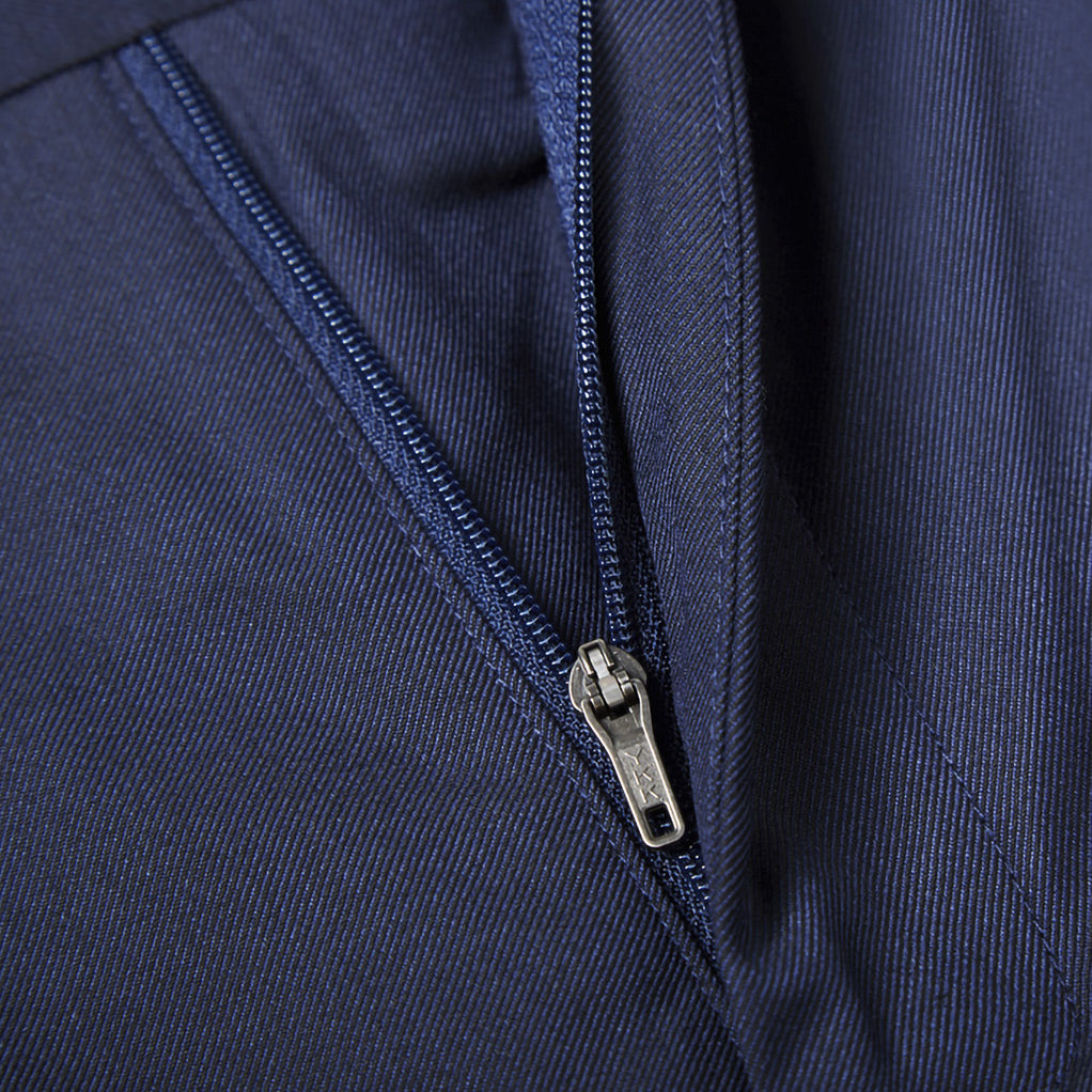 Online suit design: plain weave navy men's trousers, zipper and belt loop details