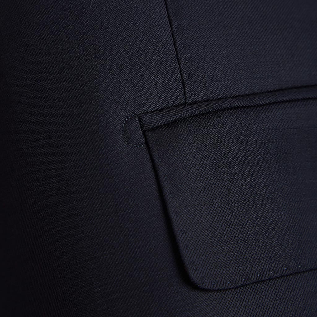 Plain weave black men's suit, rear view showcasing custom tailoring and online suit design