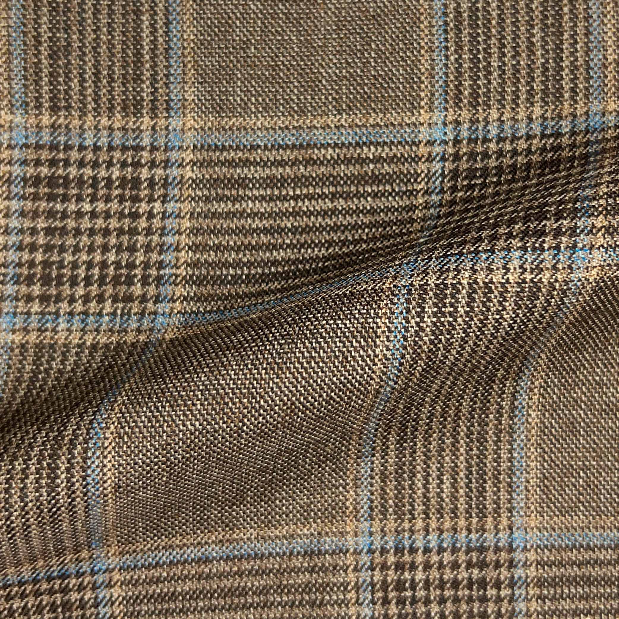 Westwood Hart Online Custom Hand Tailor Suits Sportcoats Trousers Waistcoats Overcoats Mocha Brown Prince Of Wales Glen Plaid With Blue Windowpane