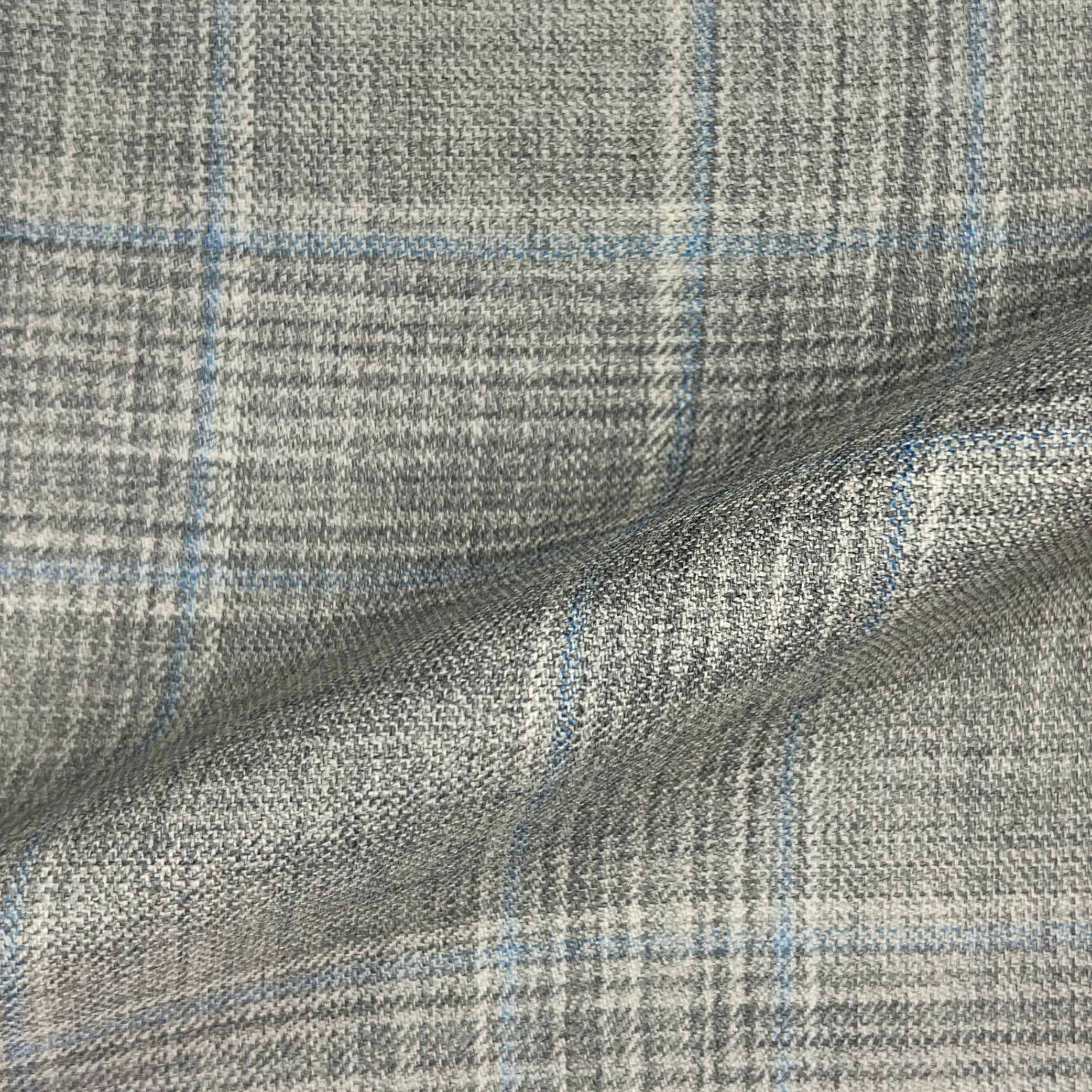Westwood Hart Online Custom Hand Tailor Suits Sportcoats Trousers Waistcoats Overcoats Light Grey Prince Of Wales Glen Plaid With Blue Windowpane