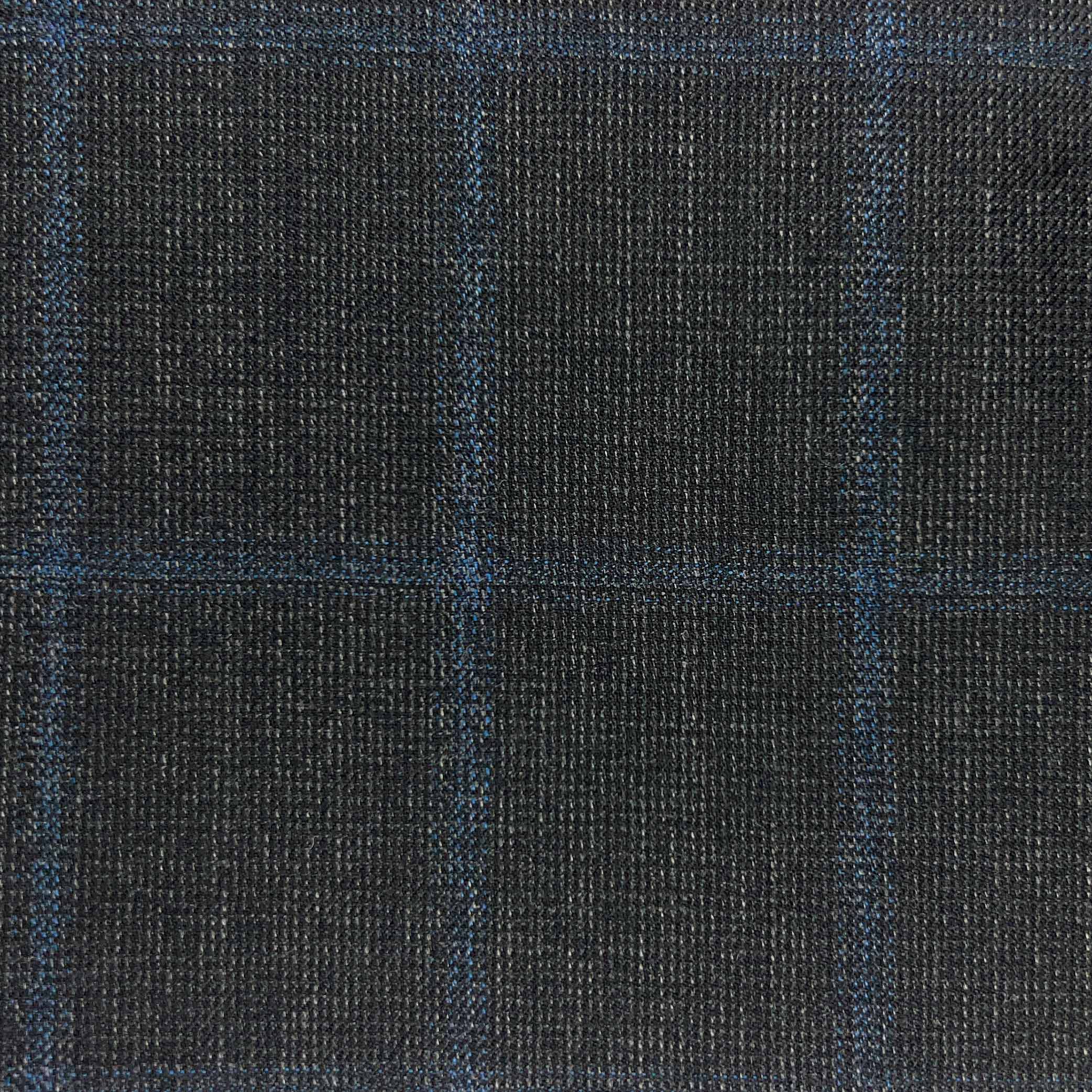 Westwood Hart Online Custom Hand Tailor Suits Sportcoats Trousers Waistcoats Overcoats Charcoal Black With Fine Blue Windowpane