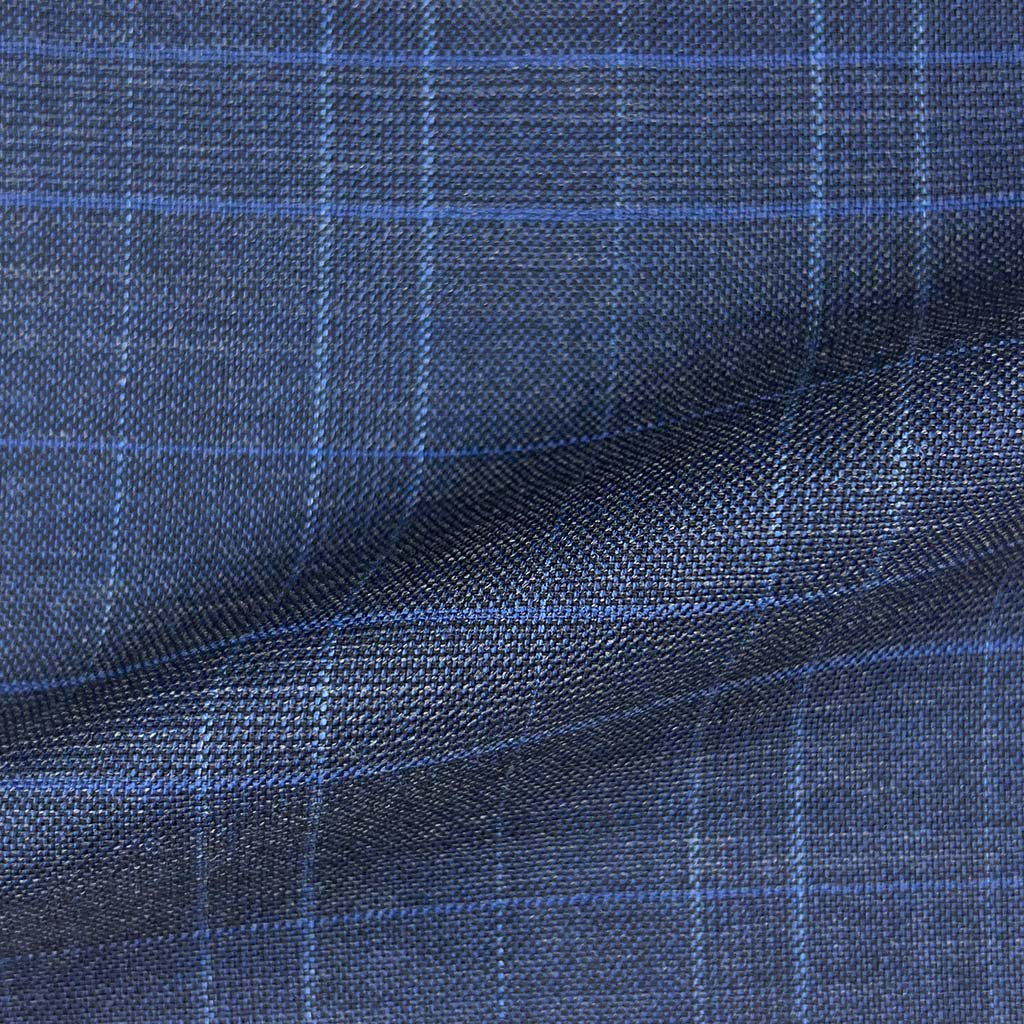 Westwood Hart Online Custom Hand Tailor Suits Sportcoats Trousers Waistcoats Overcoats Made To Measure Formalwear Tuxedo Denim Blue With Royal Blue Glen Plaid With Comfort Stretch