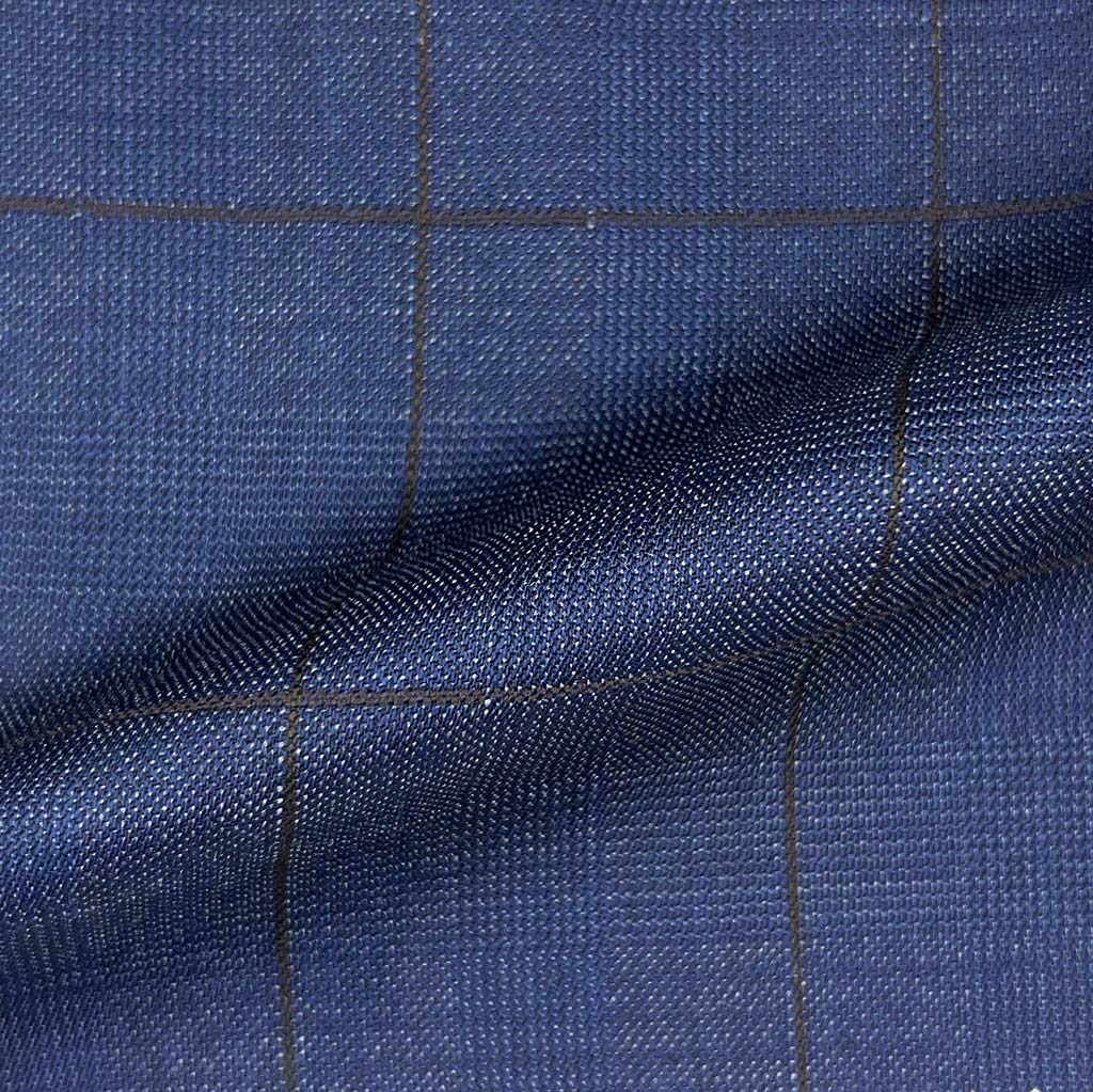 Westwood Hart Online Custom Hand Tailor Suits Sportcoats Trousers Waistcoats Overcoats Made To Measure Formalwear Tuxedo Denim Blue Glen Plaid With Chocolate Brown Windowpane With Comfort Stretch