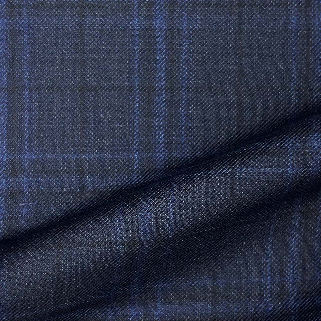 Loro Piana Four Seasons Super 130's Wool Westwood Hart Online Custom Hand Tailor Suits Sportcoats Trousers Waistcoats Overcoats Made To Measure Formalwear Tuxedo Navy With Blue Windowpane